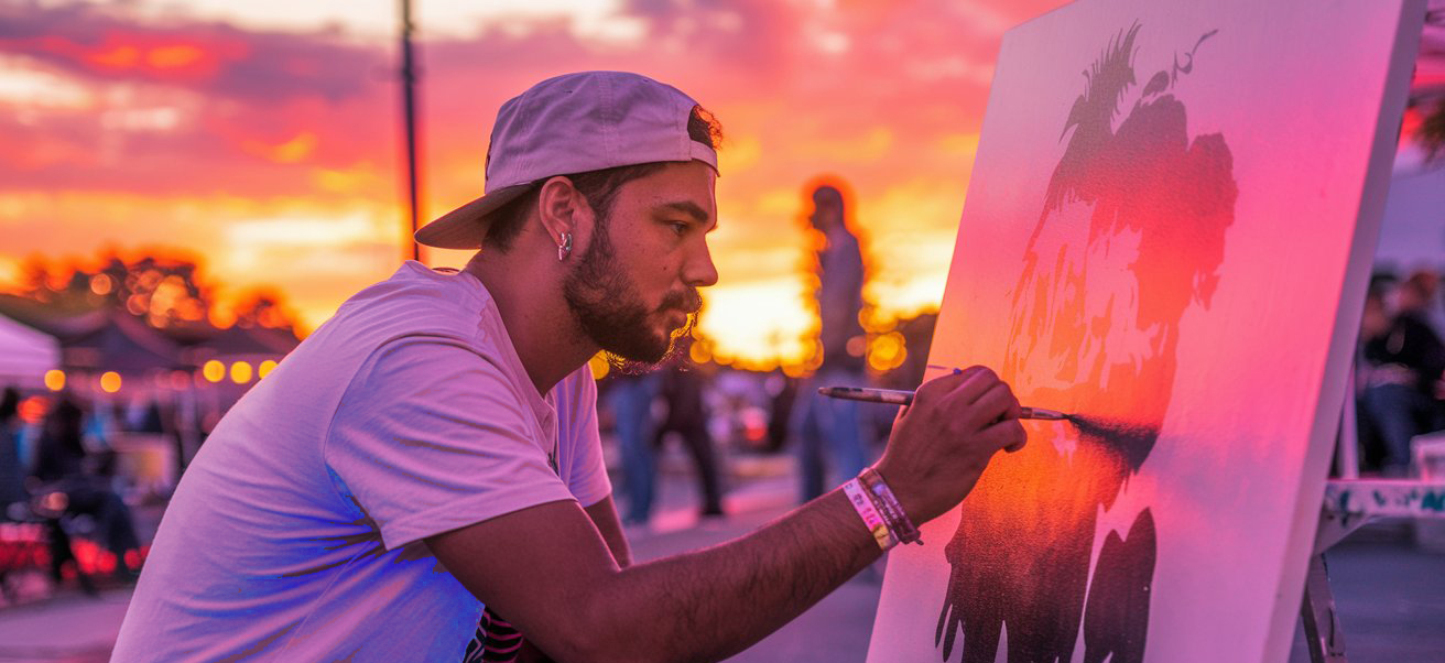 artist painting in the sunset