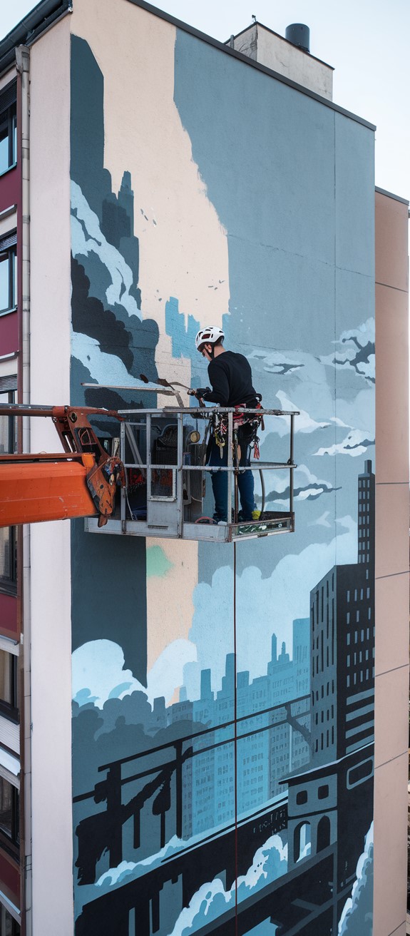 artist painting building on top of cherry picker