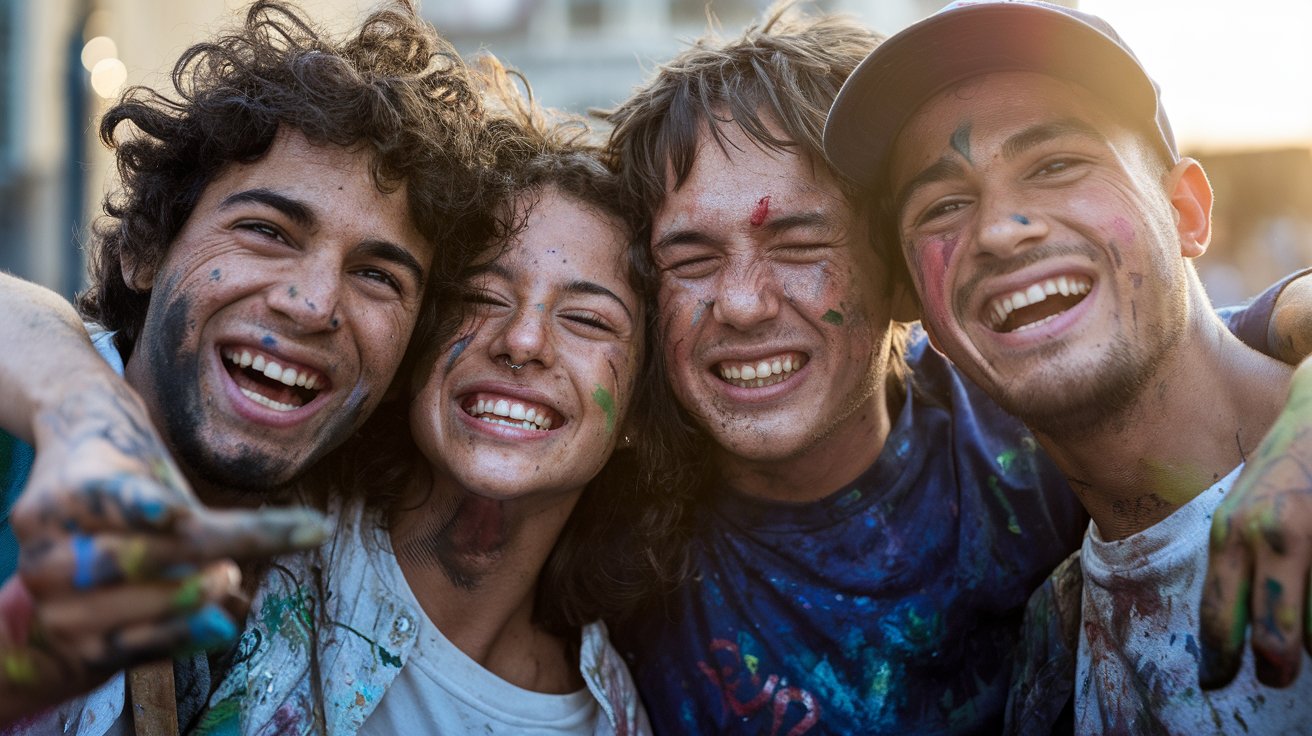 four artists hugging and laughing