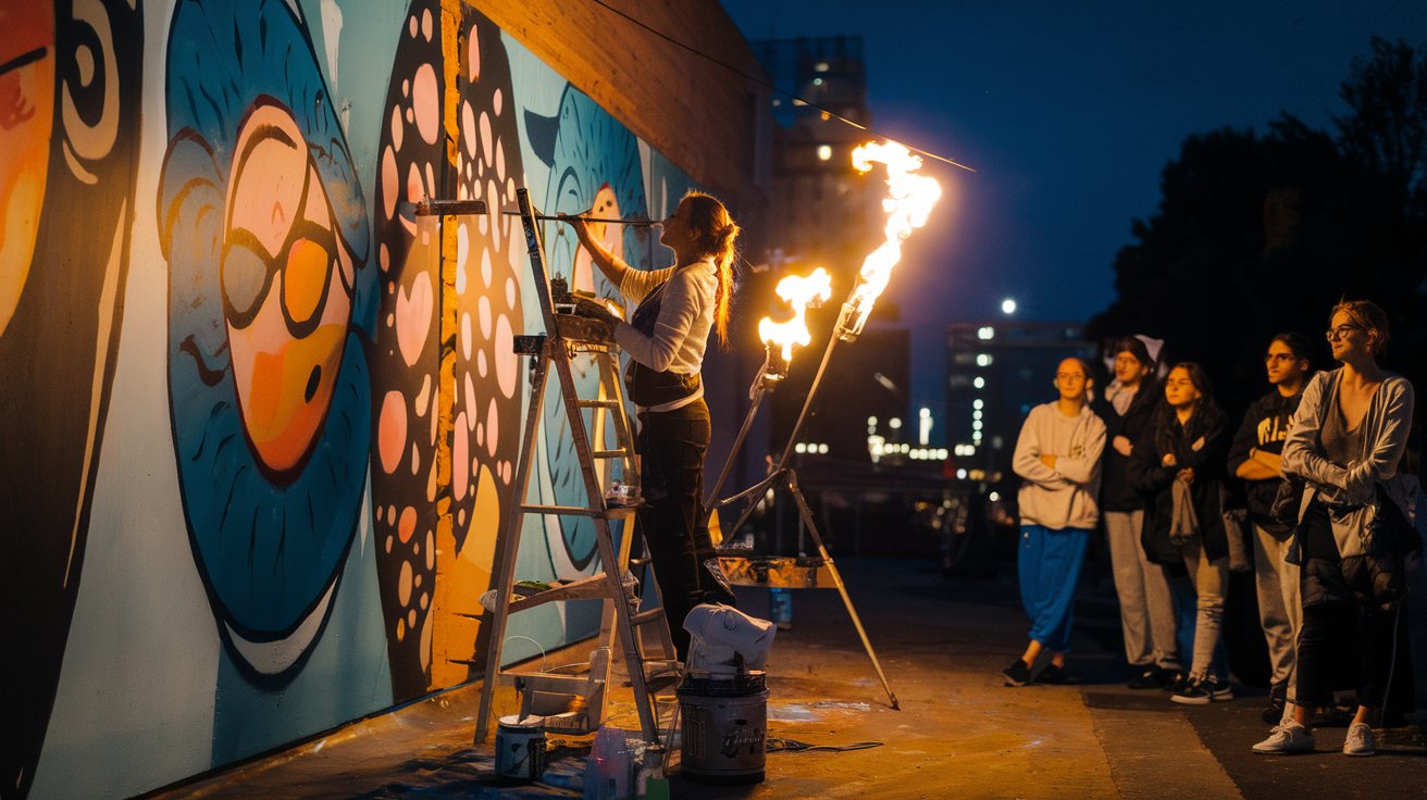 female artist painting murales at night